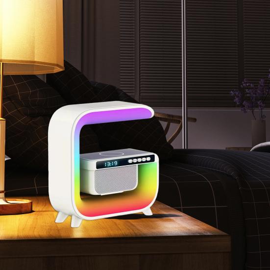Wireless Charging Speaker Alarm Clock with Colorful Atmosphere Light G-shaped Multi-functional Bluetooth-compatible Desk Lamp Speaker