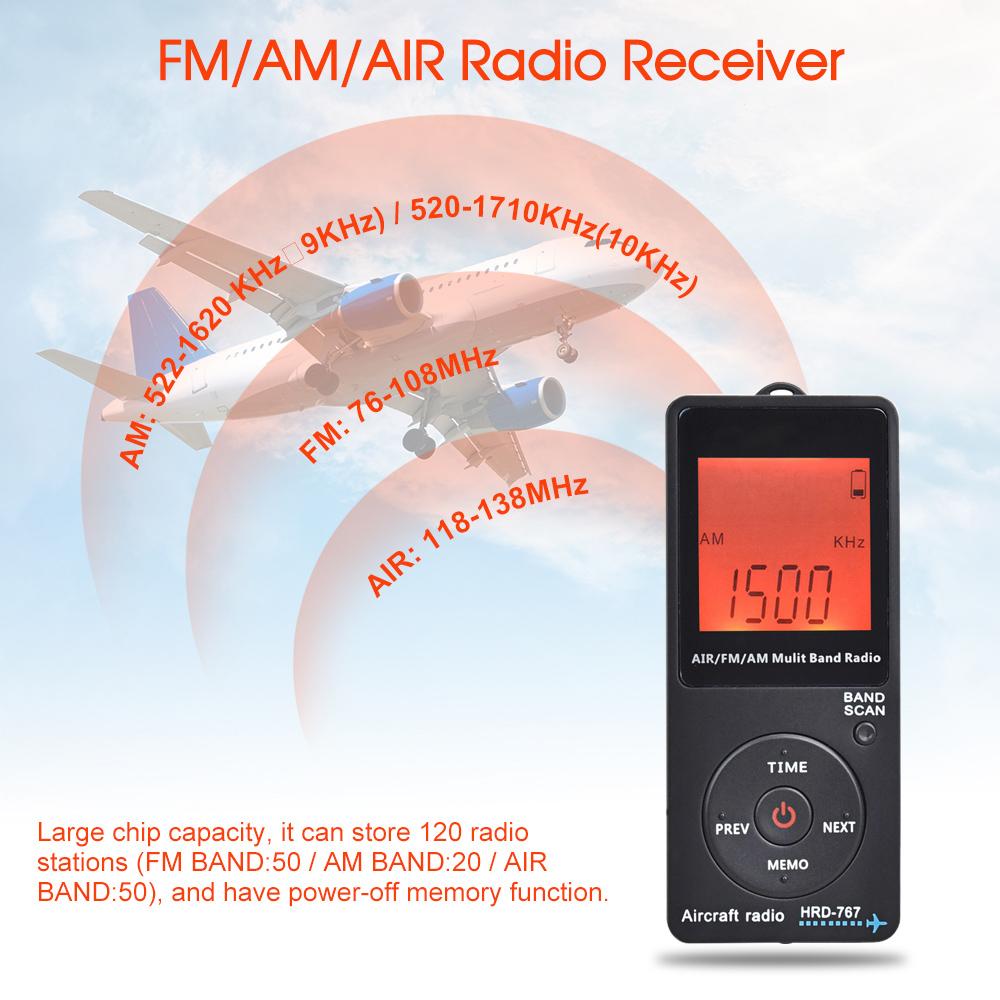 HRD 767 FM AM AIR Multi Band Radio Aircraft Band Radio Receiver Blacklit LCD Display Lock Button with Headphones