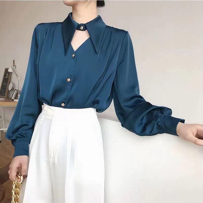 Women's Spring and Autumn Solid Color V-neck Long-sleeved Shirt Chic Niche Draped Tops