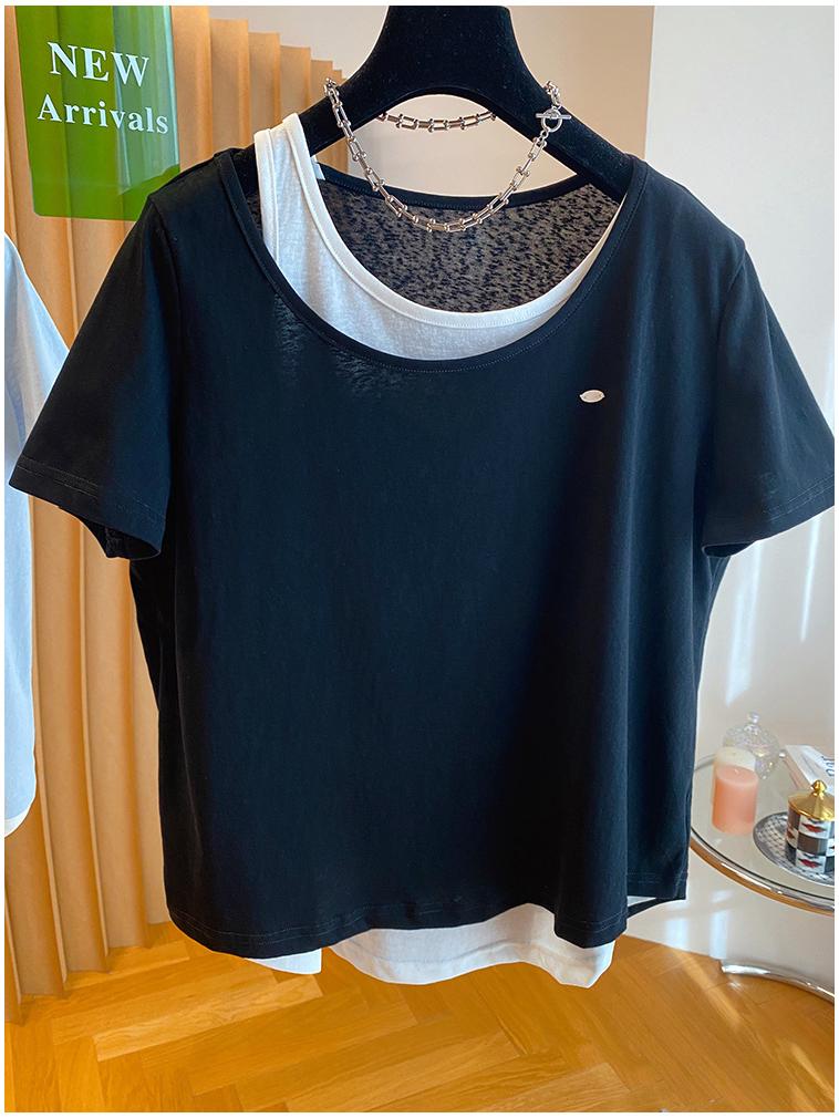 Plus Size Korean Snowflake Cotton Two-Piece Look T-Shirt, Women's Short Sleeve, Loose Casual Top (2026)