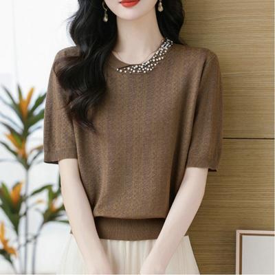 Women Heavy Beaded Neckline Jacquard Knit Short Sleeve T Shirt New Fashion Summer Casual Elegant