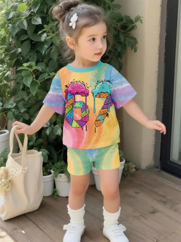 Summer Italian Brainrot 67 Six Seven Cartoon Print Sports Children's Set Short Sleeved Shorts 2PCS Set Girls Casual T-Shirt Set