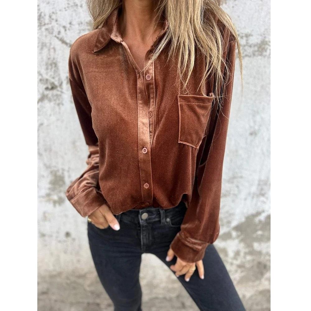 Autumn Spring Velvet Shirts & Blouses Women Solid Long Sleeve Single Breasted Tops With Pocket Ladies Vintage Shirts