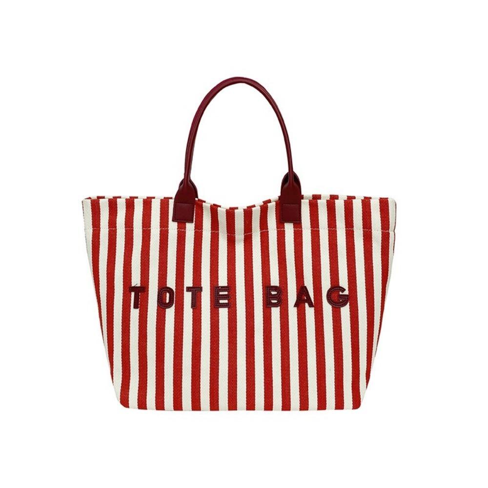 Canvas Women s Handbag Striped Shopping Bag Casual Striped Canvas Tote Bag Casual Wear красный