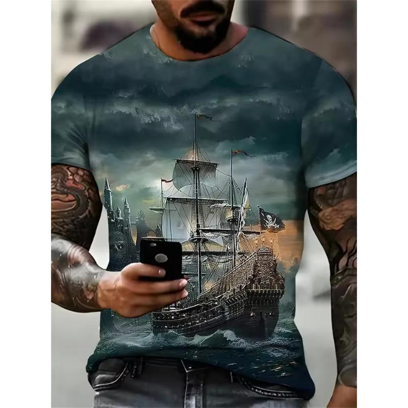

Винтажная мужская футболка с 3D принтом черепа и лодки, футболка с коротким рукавом, летний дышащий топ с круглым вырезом, уличная повседневная свободная мужская одежда 6XL