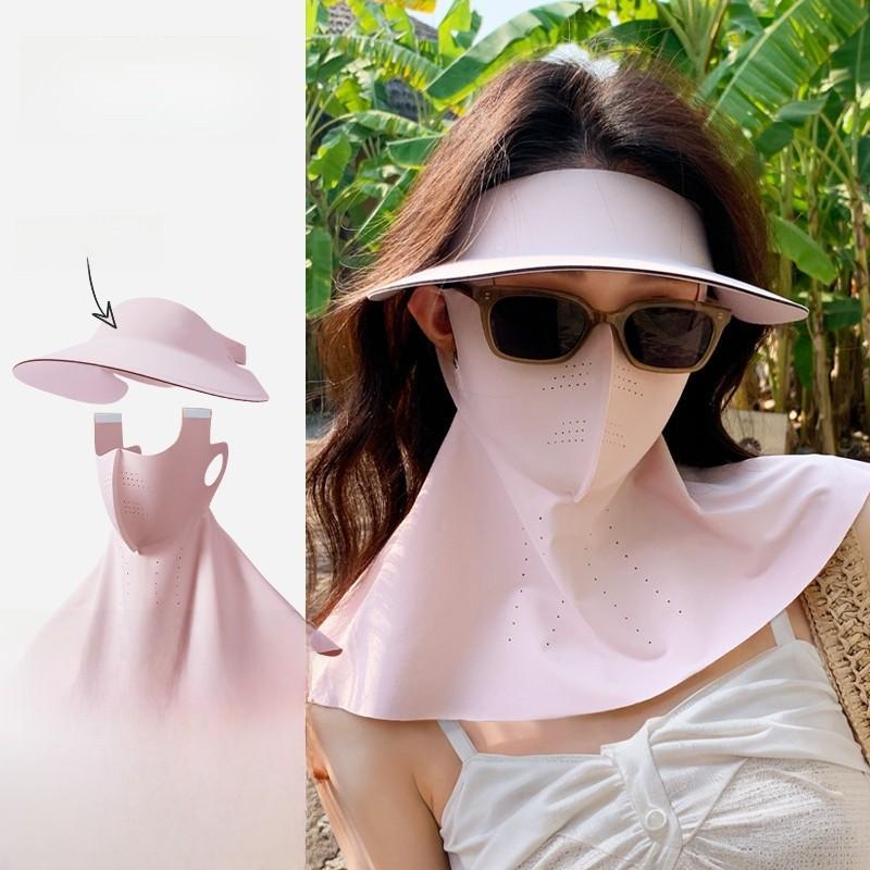 Polyester Sun Shield Cap With Wide Brim And Detachable Face Mask For Outdoor Activities