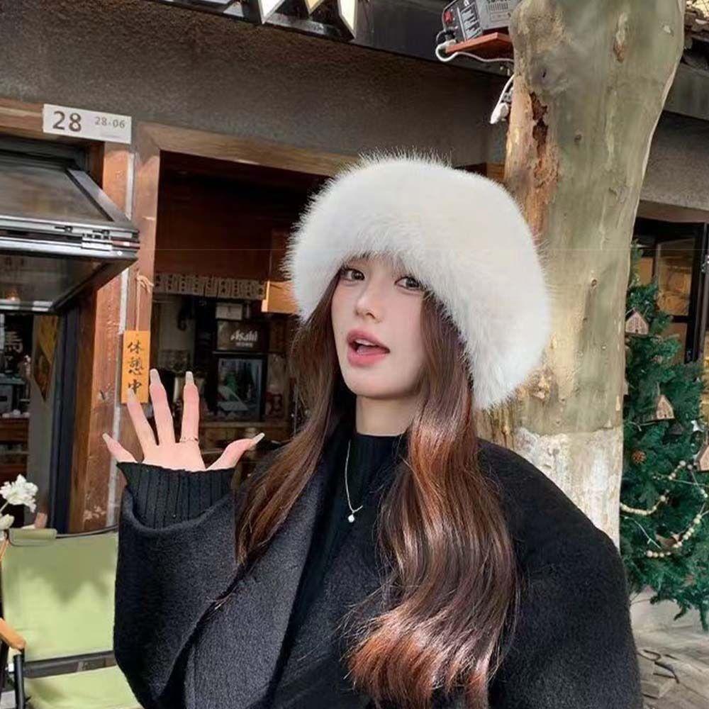Warm Cap Plush Basin Cap Korean Style Solid Beanie Cute Faux Fur Mink Hat  Winter