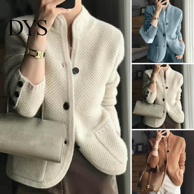 Soft Women Jacket Lady Winter Coat Knitted Thickened Single-breasted Solid Color Pockets Stand Collar Warm Button Decor Cardigan Daily Wear