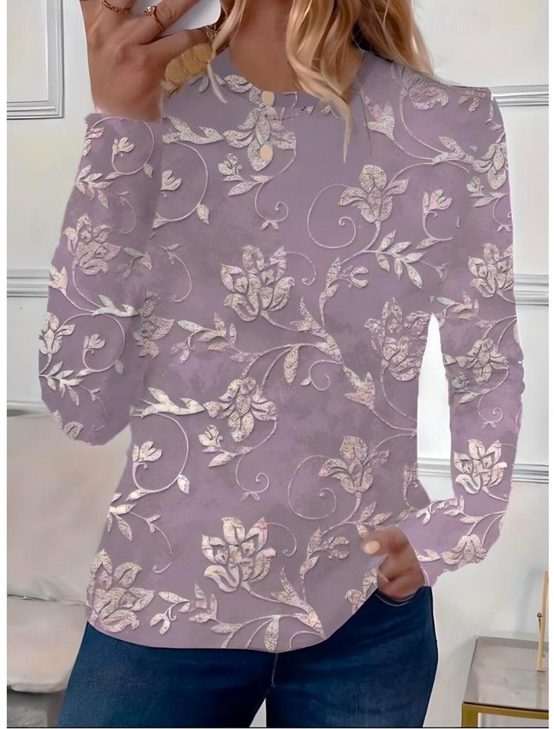 Fashion Women's Vintage Flower Graphic O-Neck Long Sleeve T-Shirt Casual Tops Womens Clothing Harajuku Female Clothing Pullover
