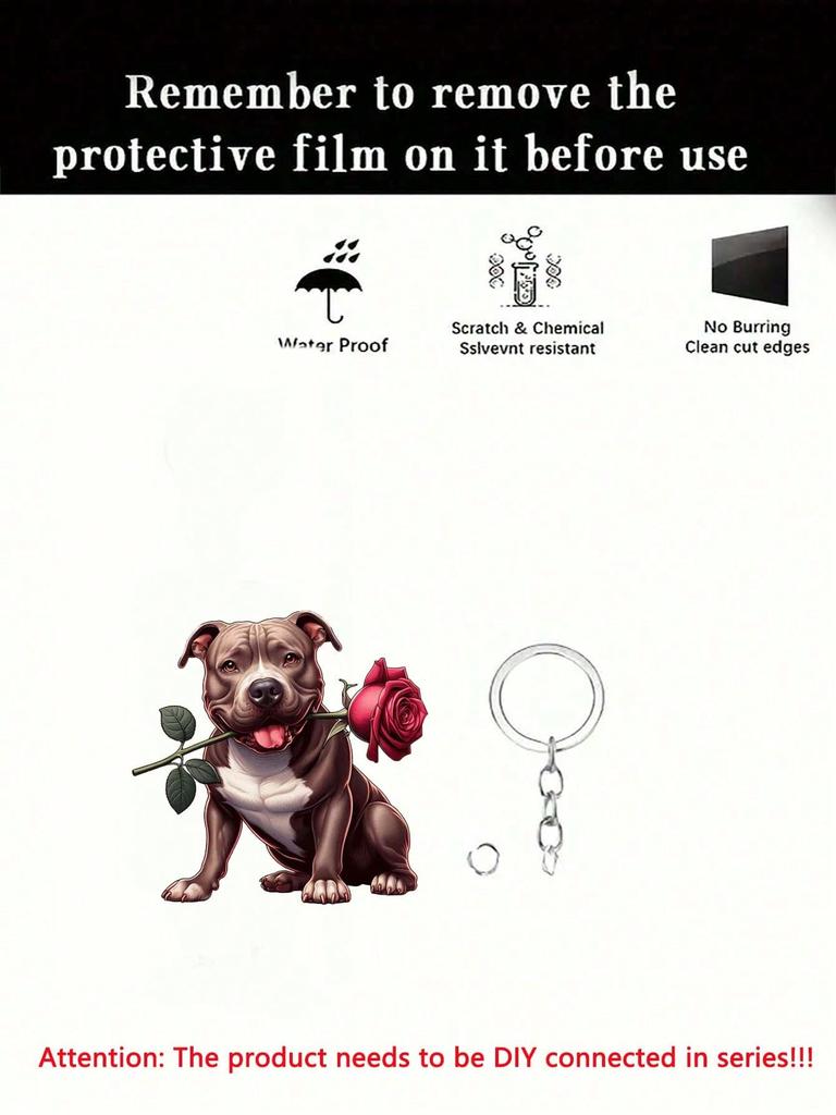 1 piece of cute little dog keychain with rose in its mouth,innovative design, DIY backpack decoration, romantic acrylic keychain