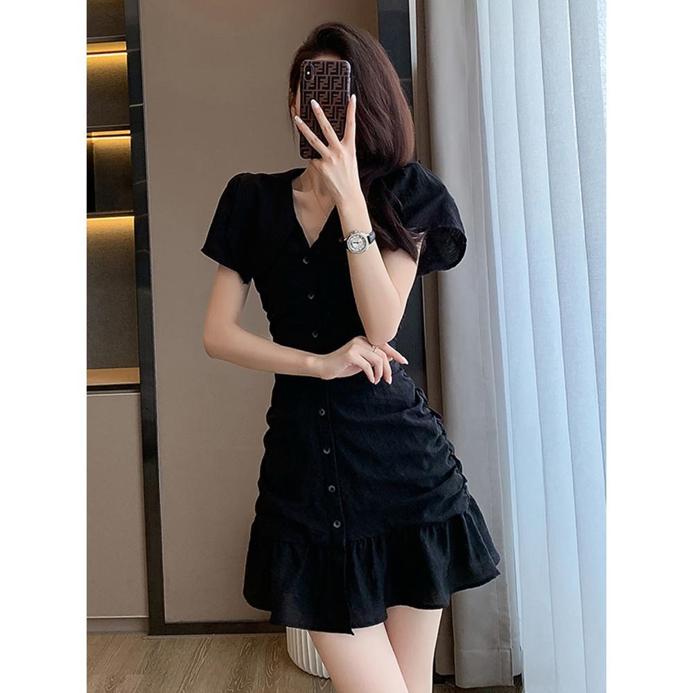 Retro Unpicky Little Black Dress Temperament Ruffle Edge Slim and Thin Dress Short Skirt