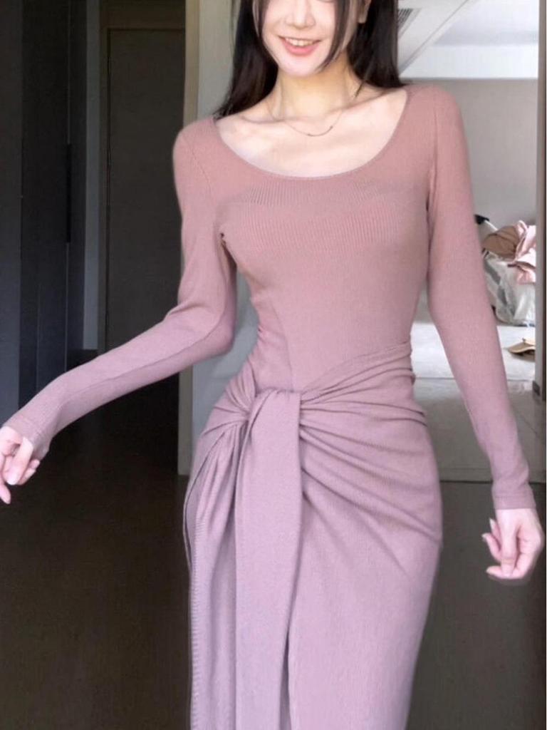 French Pink Knit Tie-Up Dress – Women's High-End Waist-Cinched Long Dress for Autumn/Winter 2025
