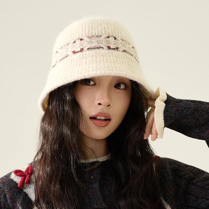 Vintage Color Jacquard Knitted Bucket Hat Women's Fisherman Hat