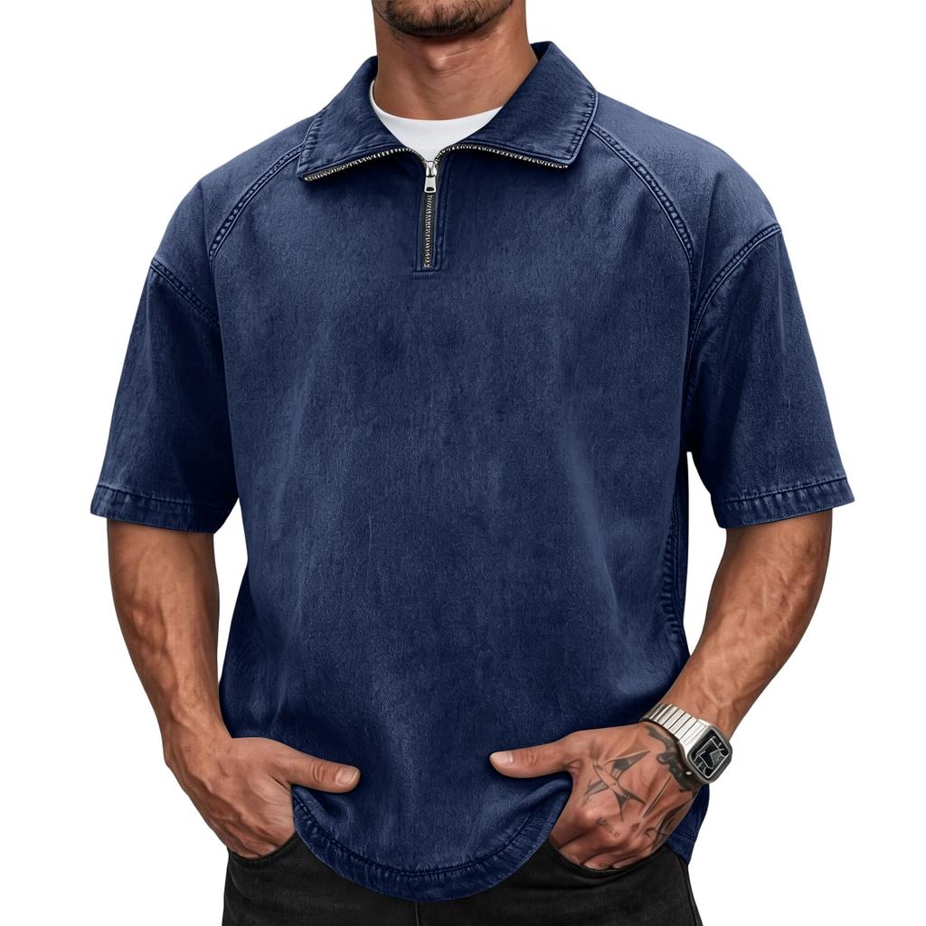 Men's Casual American Style Washed Cotton Vintage Short Sleeve Fitted Polo Shirt with Zip Collar Retro Trendy Design Comfortable Fit