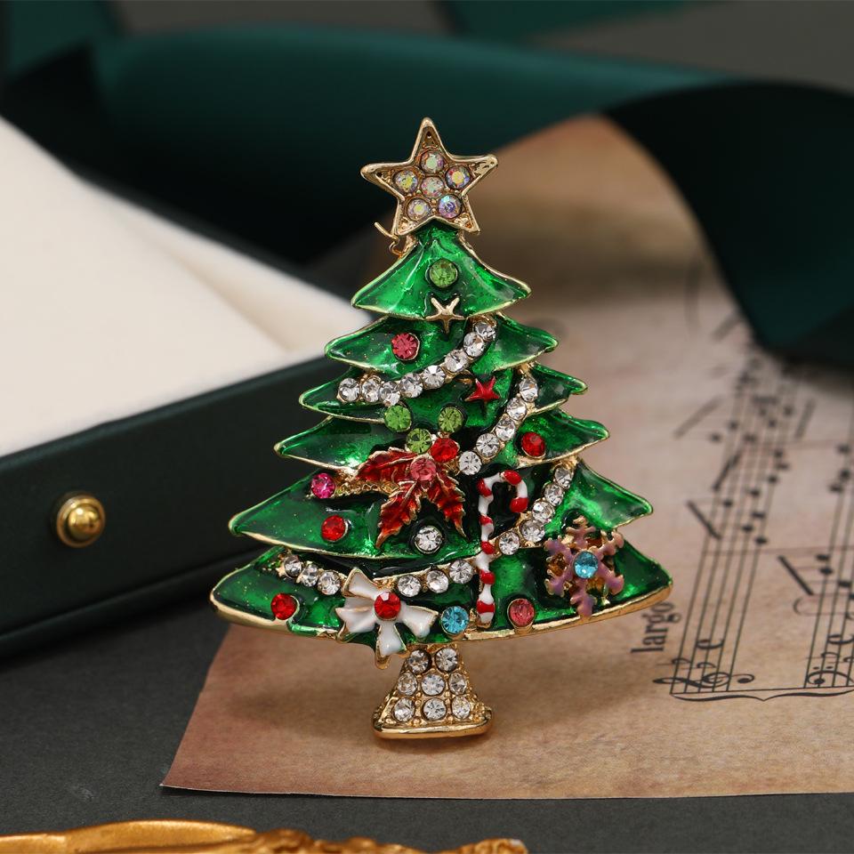 

Retro Christmas Rhinestone Brooch - Glazed Santa Claus & Tree Pin Accessory