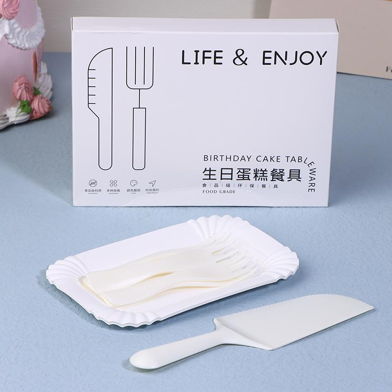 Set Coltello Forchetta Torta di Compleanno Bianco 5 Persone 10 Persone Set Piatti da Cena usa e getta in Plastica Stoviglie da Tavola per Torta da Forno