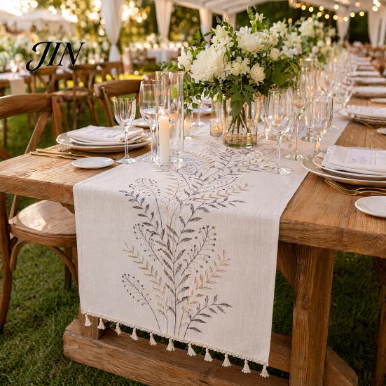 Floral Embroidery Table Runner Embroidered Runner, Elegant Dining Cover, White Rustic Durable for with Tassels Home Wedding Bridal Shower Decor