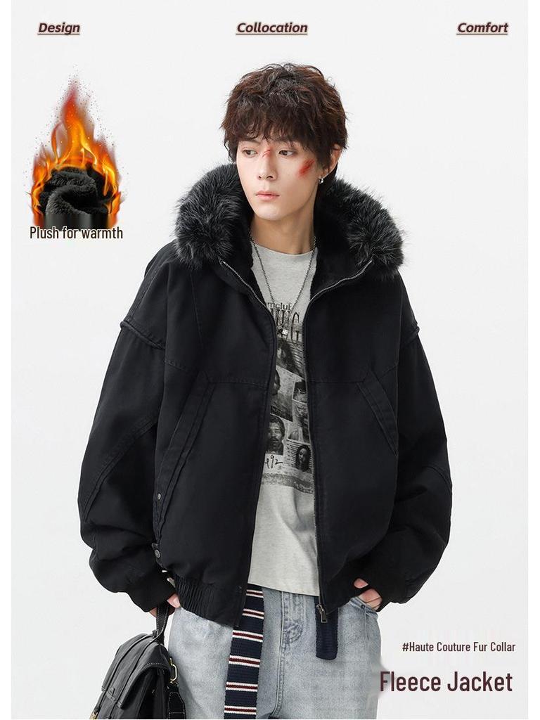 Men's Winter Retro Haute Couture Cotton Jacket with Fur Collar, Plus Velvet Thickened, Warm Outerwear.