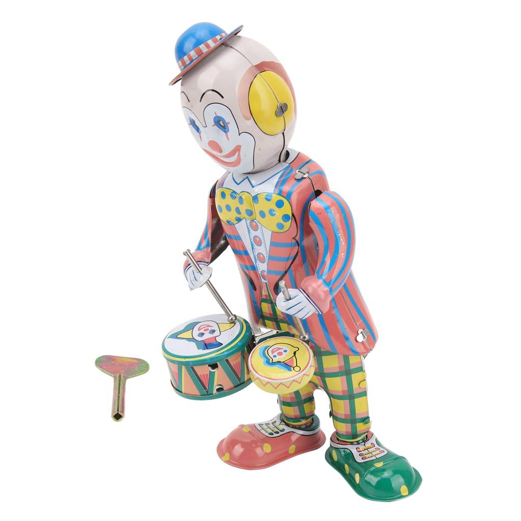 Wind Up Clown Tinplate Retro Clockwork Clown Drummer Figure Vintage Clown Toy for Kids Desktop Decoration Ornament Party Favor Gift
