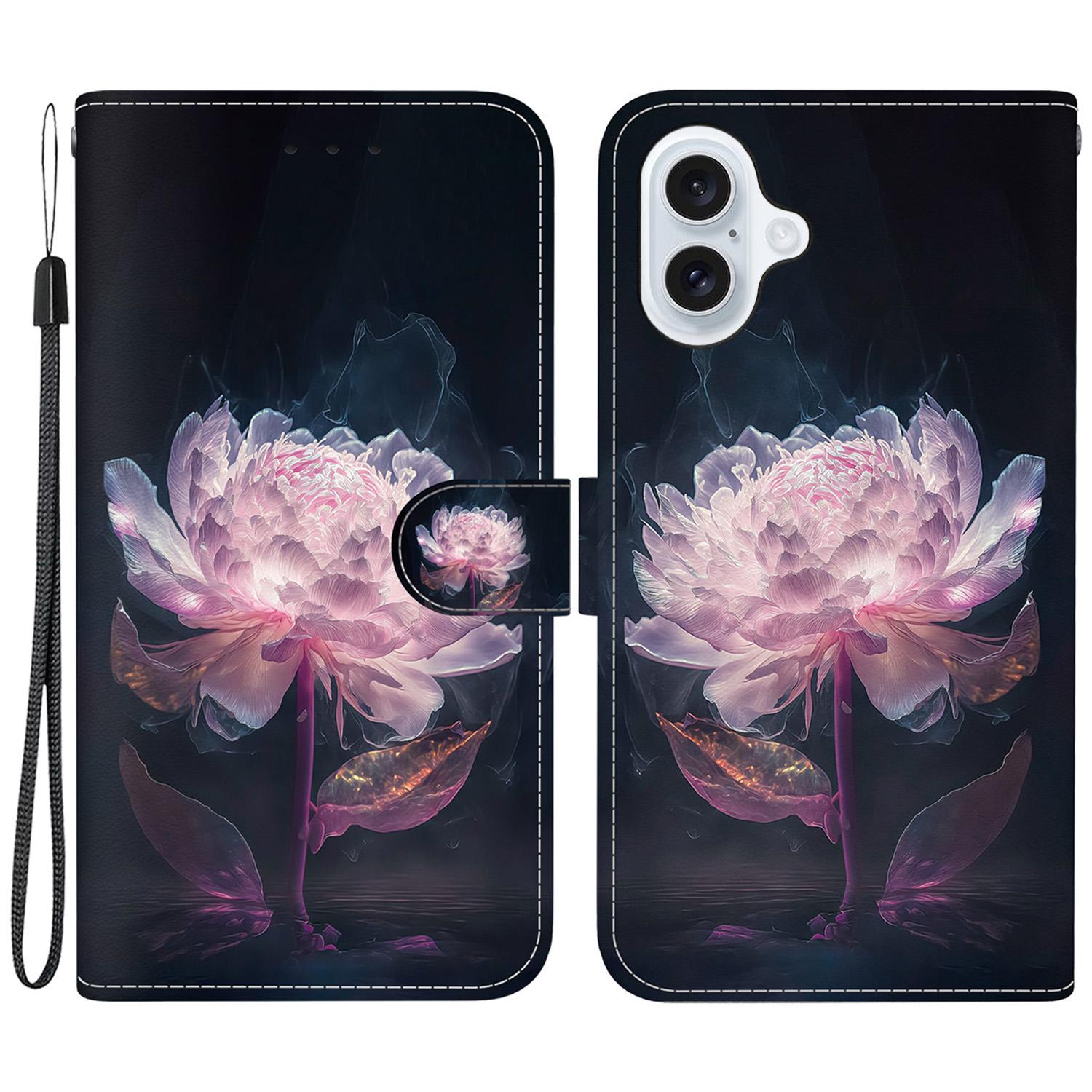 

Чехол-кошелек для iPhone 16 Plus с принтом, кожаный чехол для телефона Purple Peony