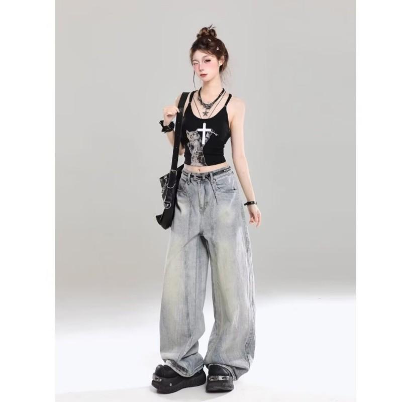 Vintage Wide-Leg Denim Pants Men Women Relaxed Fit Cropped Flare Trousers Streetwear Style