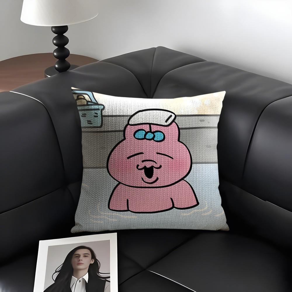 O-Opanchu Usagii Cartoon Cushion Cover Natural Linen Organic Fabric Double-Sided Printing Sofa Home Decor Gift Pillow Case
