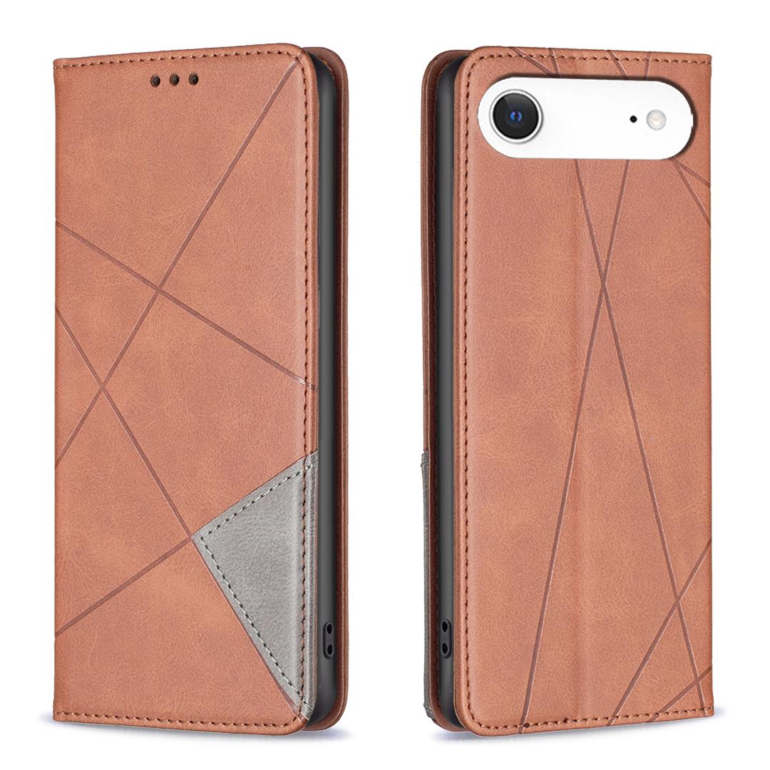 

For iPhone 17 Air Case Card Slots Geometry Imprint Leather Phone Cover Brown