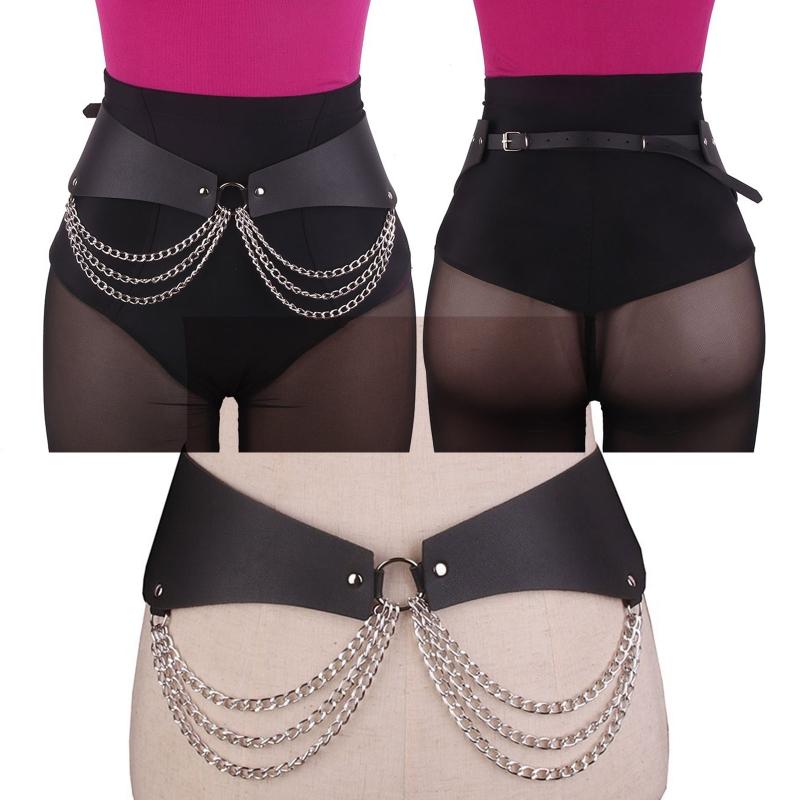 Gothic Waist Chain Alloy and PU Leather Body Chains with Multi Layer Chain Decor Body Straps Accessories for Women Girl