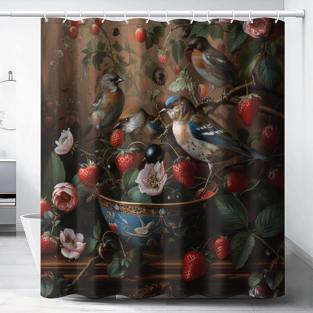 William Morris Flower Shower Curtain, Strawberry Thief Bird Animal Vintage Brown Shower Curtain Bathroom Decor Waterproof Privacy Shower Curtain