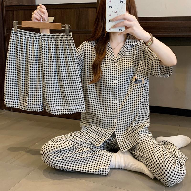 Simple Dachshund Dog Plaid High-Value Cloud Cotton Pajamas Women'S Summer Short-Sleeved Three-Piece Set Loungewear