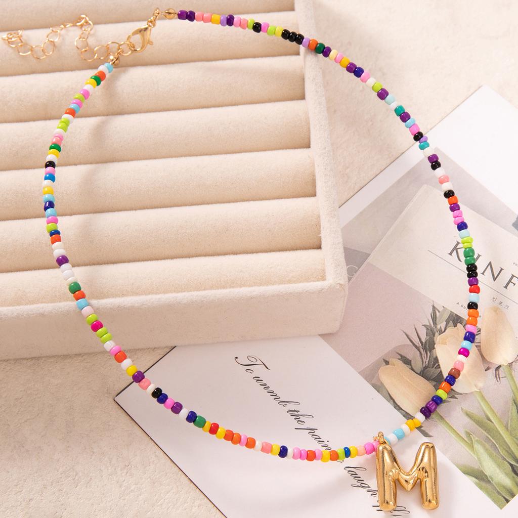 Bubble Alphabet Colored Rice Beads Handmade Beaded Delicate Beach Bohemian Necklace Collarbone Chain
