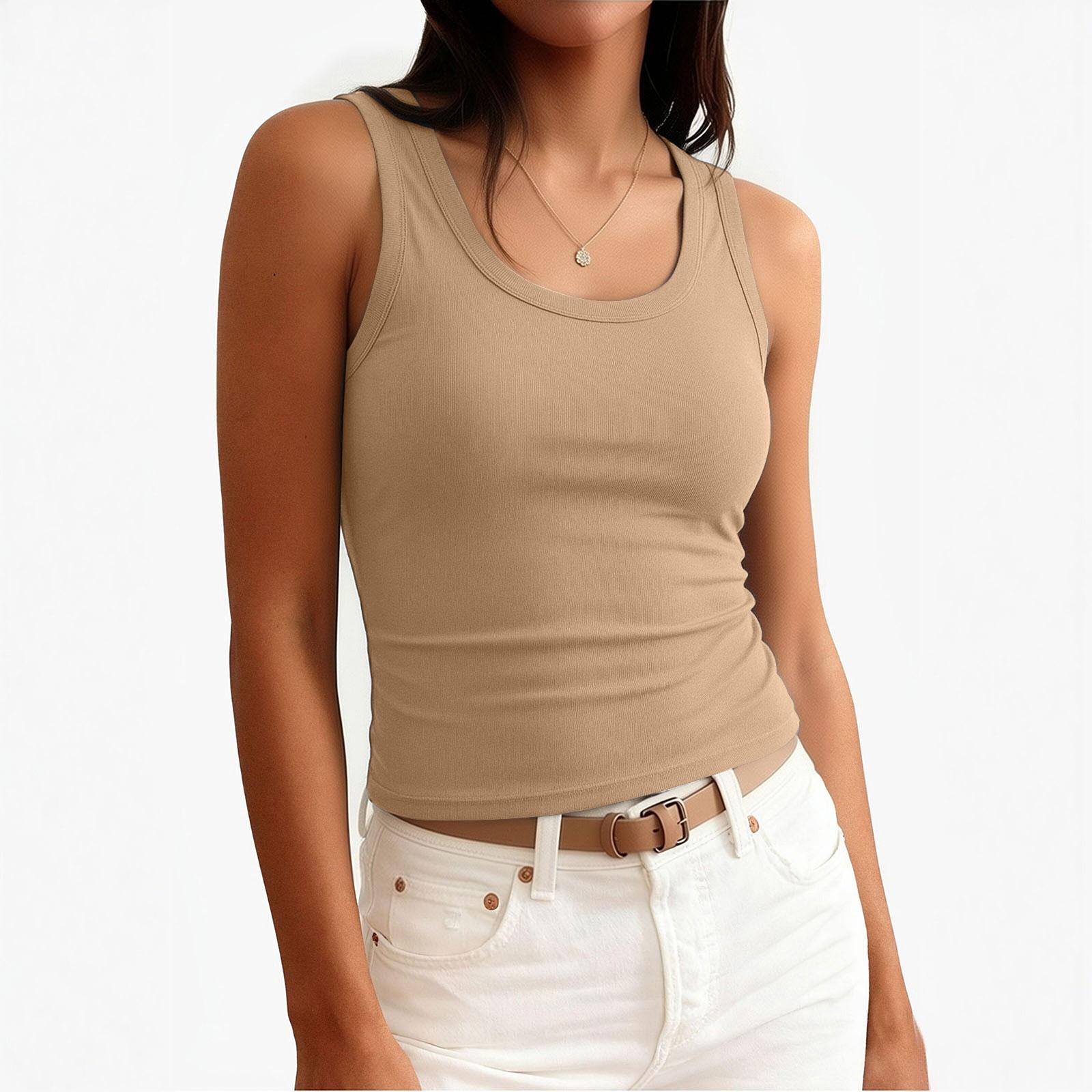 

Women s Fashionable Minimalist Fitted Sleeveless Top With Built-in Pads And U-Neck S хакі