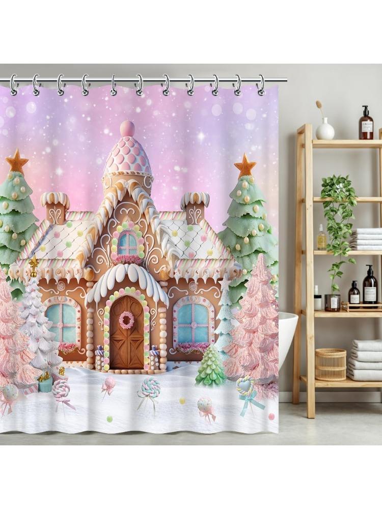Christmas Cartoon Gingerbread House Shower Curtain Snow Winter Merry Xmas Tree Lollipop Santa Snowflake Party Decorations 90x180CM