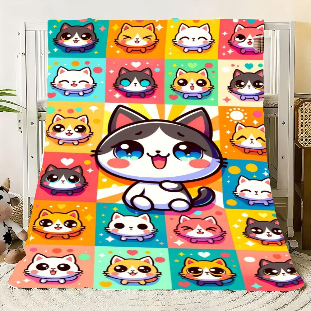 

Vibrant Colorful Cute Cartoon Cats Plush Throw Blanket - Cozy Soft Fleece with Adorable Cat Grid Design featuring Happy Expressi 30x40in