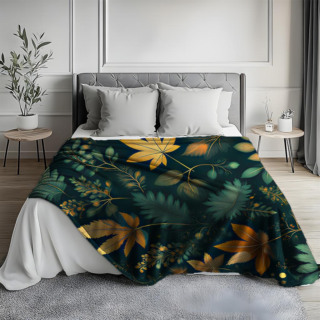 1pc Vintage Floral Print Flannel Blanket - Soft Warm All-Season Throw with Green & Orange Botanical Pattern, Durable Machine-Was