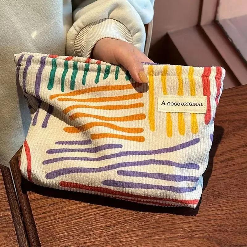 Colorful Stripes Corduroy Cosmetic Bag Portable Travel Toiletry Bag Skincare Sundries Aesthetic Makeup Storage Bag for Daily Use