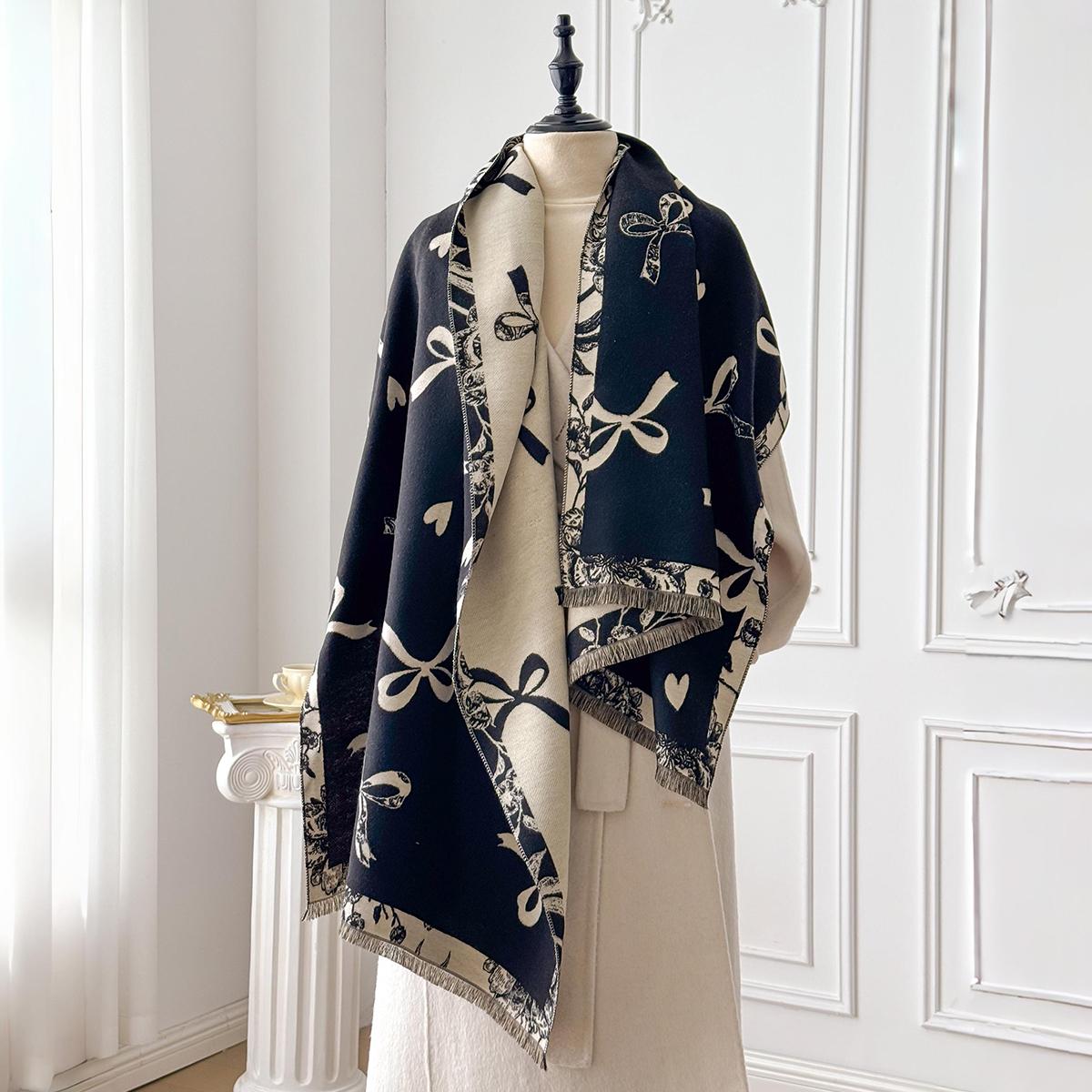

New Luxury Winter Cashmere Bowknot Print Scarf Women Warm Pashmina Poncho Scarves Fashion Shawl Thick Foulard Bufanda