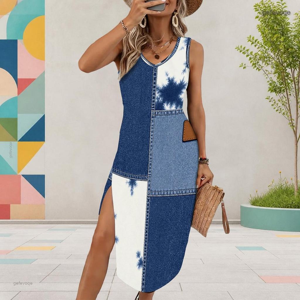 Women Plus Size U Neck Sleeveless Abstract Printed Blue White Tank Dress High Side Slit Curved Hem