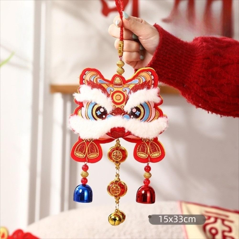 Good Luck Chinese New Year Festival Pendant Lion Dance Pattern Embroidery Hanging Ornament Hanging Bell Decor Door Decor