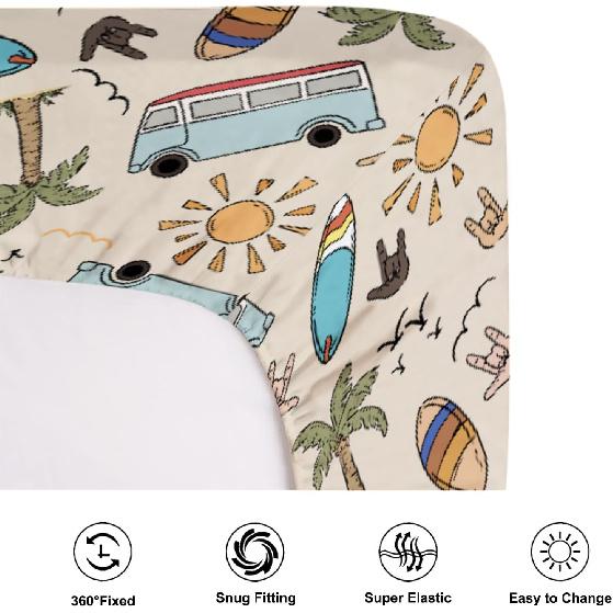 Vintage Surf Fitted Baby Crib Sheets Boy Girl 52"x28" Retro Surfboard Sun Palm Trees Bus Soft Crib Mattress Covers Hawaiian Tropical Beach Surfing
