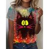 Cartoon Character Pattern Denim Print Round Neck T-shirt for Spring and Summer Casual Short Sleeved Top Women's Clothing