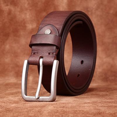 Belt Men's Matte Stainless Steel Buckle Genuine Cattlehide Leather Surface Retro Simple Fashion Trendy All-Matching Jeans Belt