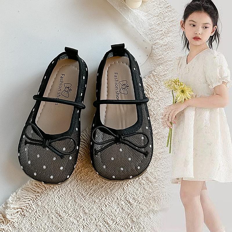 Cute Polka Dot Mesh Shoes for Girls2026Spring and Summer Bow-tie Princess Shoes for Young Children, Middle-aged Children, and Older Children,