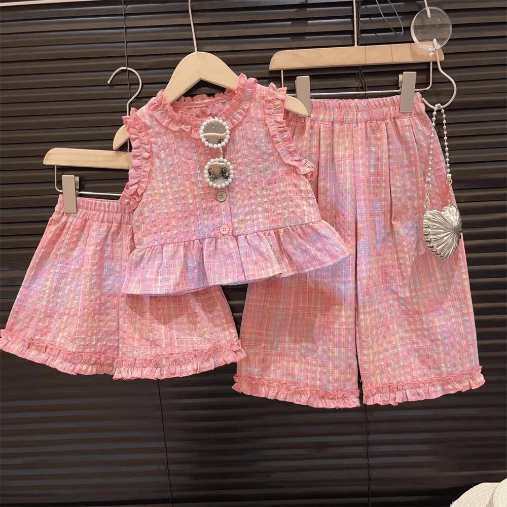 Girls' Fashionable Lace Plaid Trim Vest & Wide Leg Pants Two-Piece Summer Set