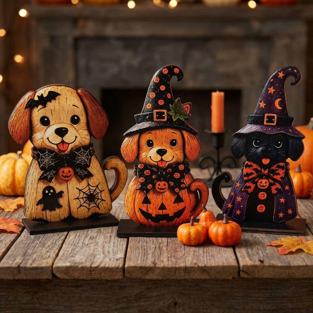 3 Stück Stabile Basis Halloween Holz Hundeschilder 2D Flach Kürbis Geist Handwerk Dekoration Thanksgiving