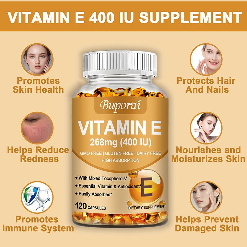 Buporai Vitamin E Capsules, Beneficial for Skin Health and Support Skin Hydration, 120 Capsules.