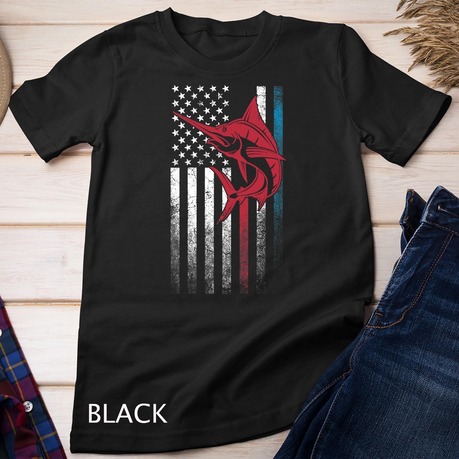 Womens Marlin Fish Fishing 4th of July Shirt Gift American Flag Unisex T-Shirt Mens Womens Tees Top 3XL