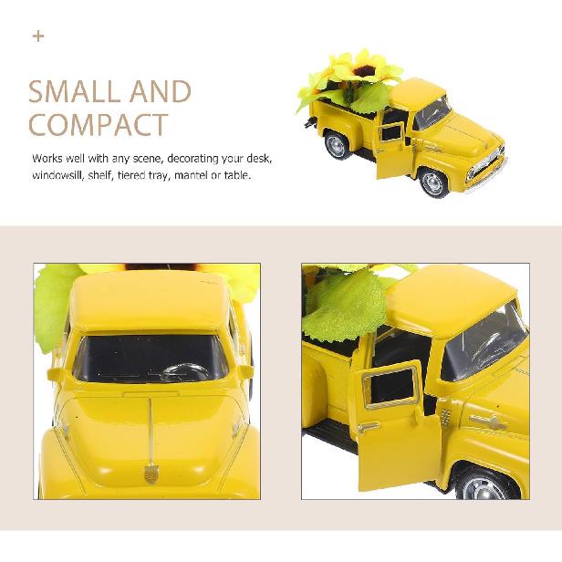 BESPORTBLE Farmhouse Yellow Truck, Vintage Truck Decor Yellow Truck with Flowers Rustic Metal Decorative Truck with Flowers for Home Table Decoration
