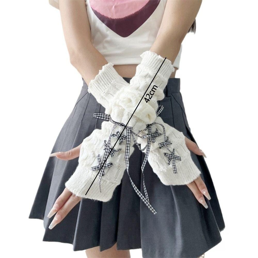 New Long Arm Warmer Gloves Knitted Cold Proof Warm Arm Sleeve with Ribbon Fingerless Gloves Women