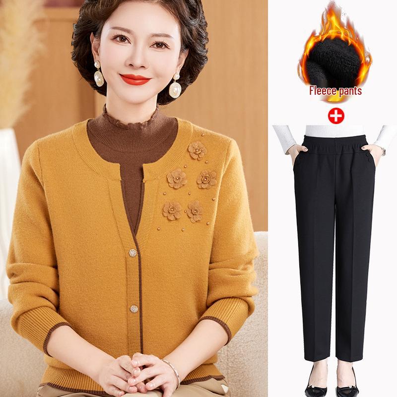 Mom's Stylish Winter Two-Piece Look Warm Base Layer Shirt for Middle-Aged & Elderly Women, Fleece-Lined Thickened Sweater